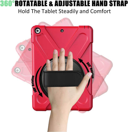 ZenRich Shockproof Case for iPad 9th/8th/7th Generation 10.2 inch 2021/2020/2019, Heavy Duty Rugged Case with Pencil Holder/360° Rotating Kickstand/Handle/Carrying Strap, Red