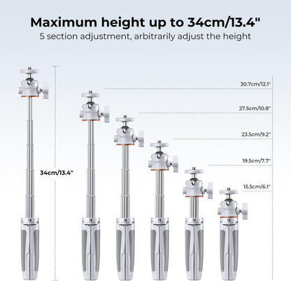 K&F CONCEPT Selfie Stick Tripod, 360 Degree Rotation Mini Phone Stand with Ball Head and Cold Shoe Mount, Cellphone Holder with Wireless Remote for Smartphone White