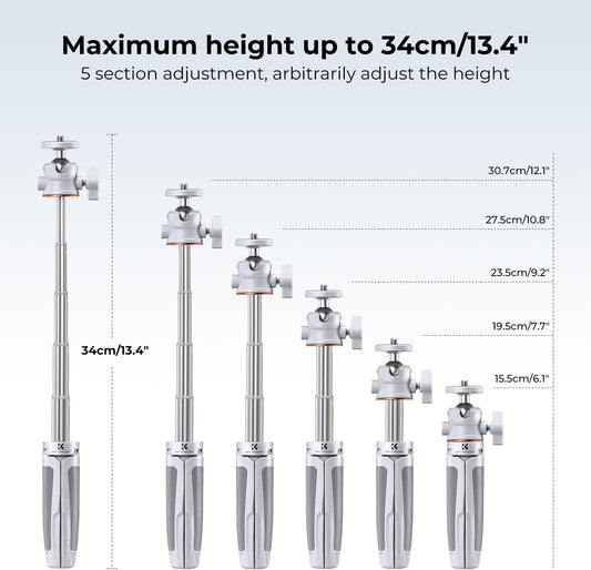 K&F CONCEPT Selfie Stick Tripod, 360 Degree Rotation Mini Phone Stand with Ball Head and Cold Shoe Mount, Cellphone Holder with Wireless Remote for Smartphone White