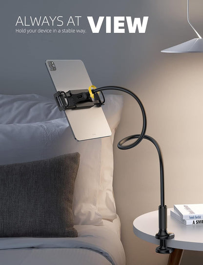 Lamicall Gooseneck Tablet Mount Holder for Bed - Flexible Tablet Arm Clamp for Bed Compatible with Pad Mini 7.9, Air 9.7, Pro 10.5, Kindle, Switch, Galaxy Tabs, More 4.7-11" Device - Black