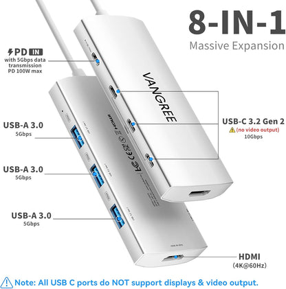 USB C Hub 8 in 1 Multiport Adapter, 3 USB 3.2 Gen 2 Ports with 10Gbps, 3 USB-A 3.0 5Gbps, 4K@60Hz HDMI, 100W PD, USBC Splitter for MacBook Pro, iPad Pro, Mac mini and More(Not Support USB-C Monitor)