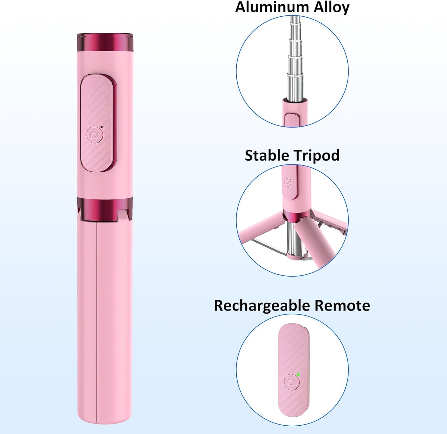 Selfie Stick Tripod, Foldable Cellphone Tripod with Remote for Group Selfies/Live Streaming/Video Recording, for iPhone Series Android, Pink