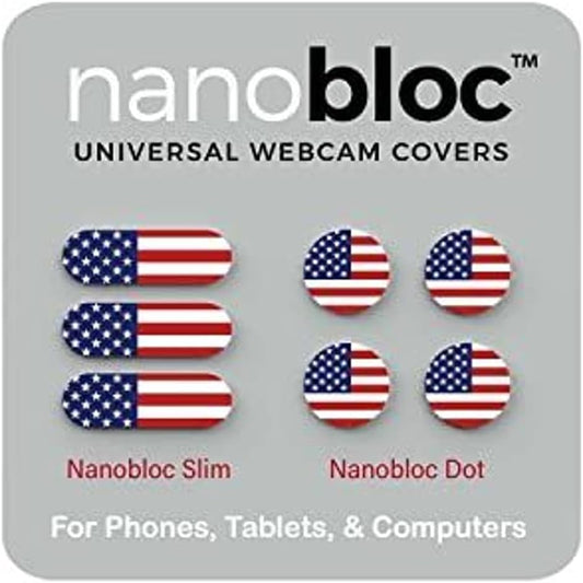 Nanobloc Universal Webcam & Phone Camera Covers - 7-Piece US Flag - Nano Suction No-Residue Reusable Dots & Bars - Webcam Cover Sticker Privacy Protection