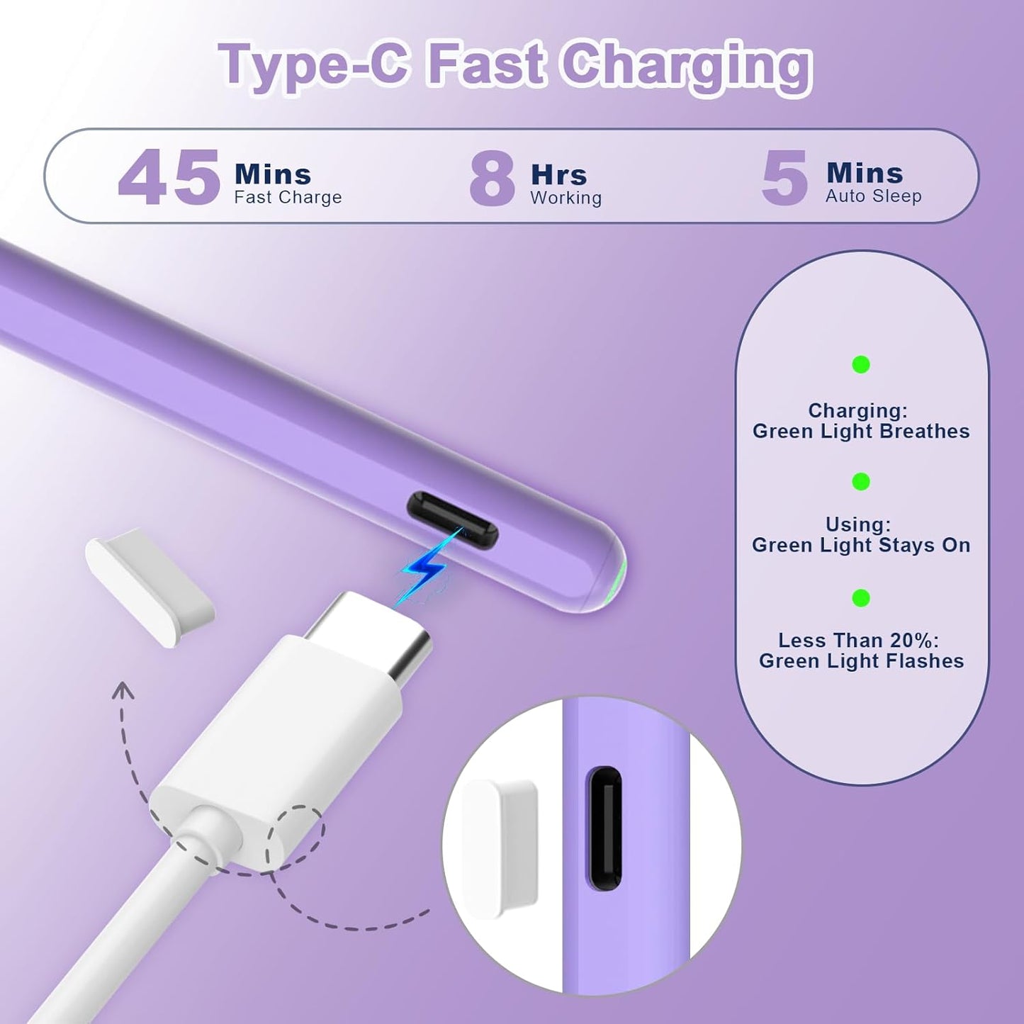 Pencil 2nd Generation for iPad 2018-2024 with Magnetic Wireless Charging Compatible with Apple iPad Pro 13”(M4)/12.9”/11”,iPad Air 6(M2)/5/4/3,iPad mini 7(A17 Pro)/6/5,iPad10/9/8/7/6 Purple