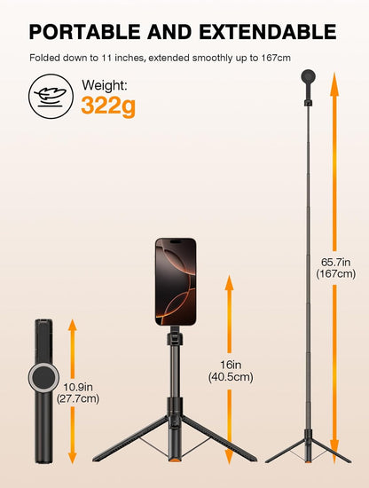 𝟐𝟎𝟐𝟓 𝐔𝐩𝐠𝐫𝐚𝐝𝐞𝐝 for Magsafe Tripod for iPhone,65”Extendable Strong Magnetic Selfie Stick for iPhone with Remote,Portable Cell Phone Tripod Stand for Vlogging Video Vacation Travel Essentials