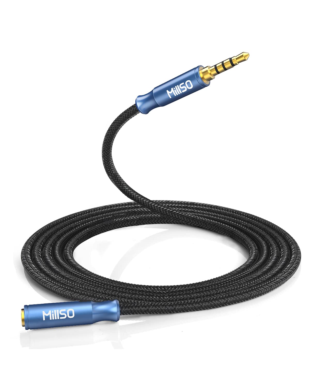 MillSO 3.5mm Headphone Extension Cable Nylon Braided (8 FT/2.4 M) 4 Pole TRRS Male to Female Stereo Aux Audio Extension Cable for PC Smartphone Speaker or More Devices - [Seablue Young Series]