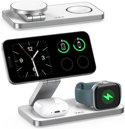 VBA 3 in 1 Wireless Charging Station for Apple MagSafe Charger,Foldable Fast Charging Magnetic Wireless Charger Stand,Travel Charger for iPhone 16 15 14 13 12,Apple Watch,AirPods Pro(White)
