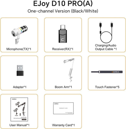 COMICA D10 Pro A Wireless/XLR/USB Dynamic Microphone with Receiver Boom Arm Stand- Dual Channel Cardioid Mic, 45H Battery, RGB Lights, CalMix Denoise for Gaming/Streaming/PD(PC, PS4/5, Mac,Phone)White