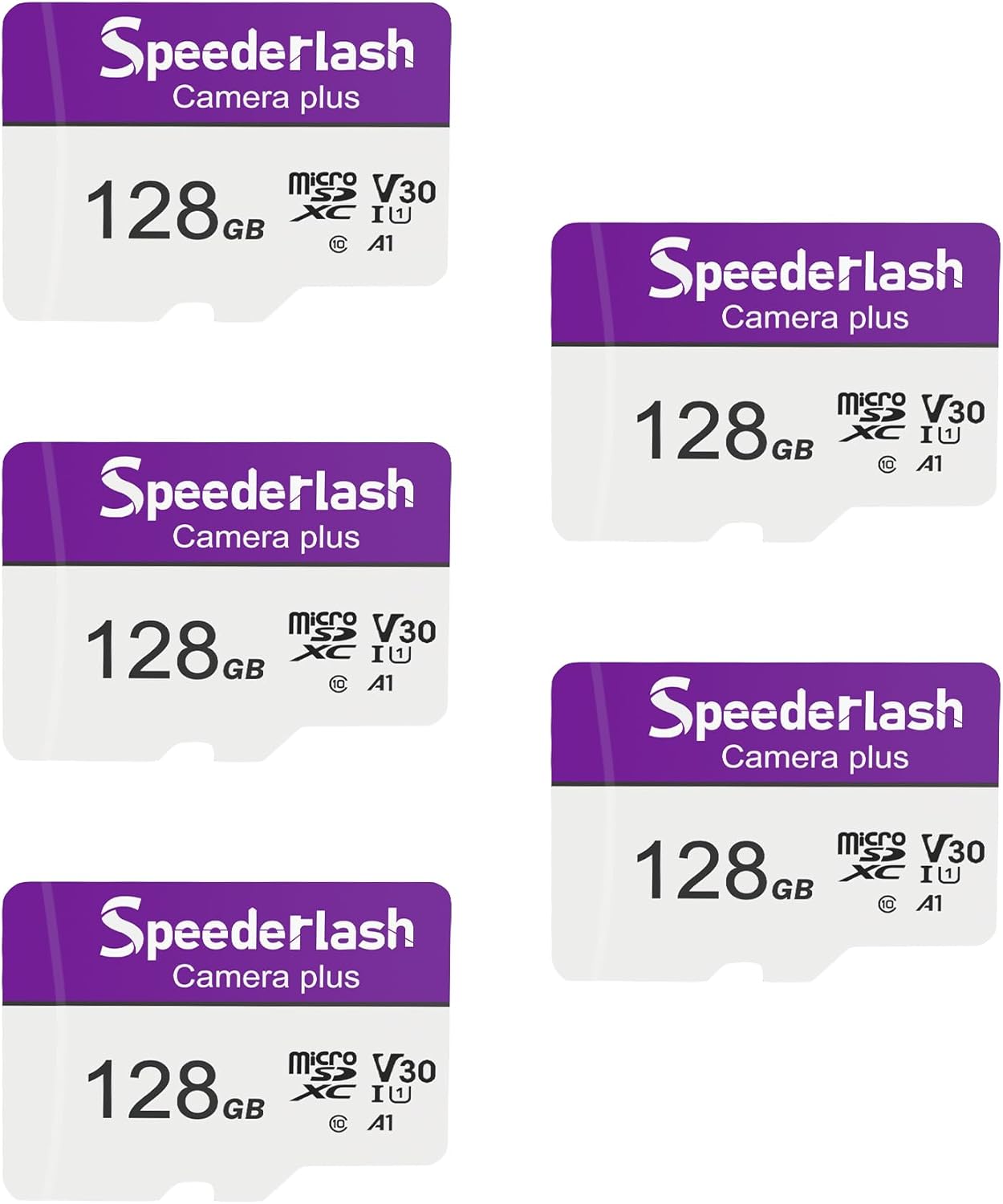 Micro SDXC Memory Card 128GB 5 Pack, Speederlash Camera Plus TF Card with Adapter, Up to 90MB/s Read Speed, 4K UHD&5K Video Support, U1, V30, A1 Rated, Waterproof, for Security Camera, Dashcam