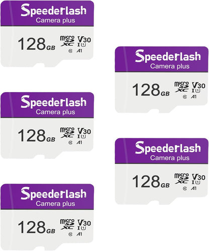 Micro SDXC Memory Card 128GB 5 Pack, Speederlash Camera Plus TF Card with Adapter, Up to 90MB/s Read Speed, 4K UHD&5K Video Support, U1, V30, A1 Rated, Waterproof, for Security Camera, Dashcam