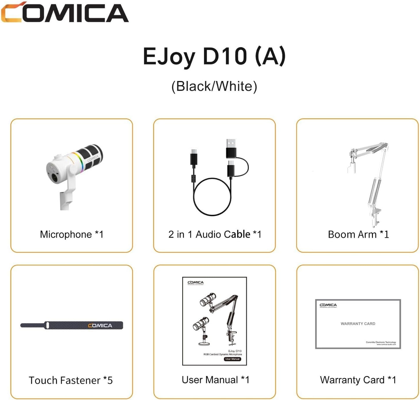 COMICA EJoy D10 A USB/XLR Dynamic Microphone with RGB Light &CalMix Denoise &Mute Button- Studio-Quality Cardioid Mic with Boom Arm Stand for Gaming, Streaming, Podcast,YouTube(PC/PS5/Xbox/Mac-White