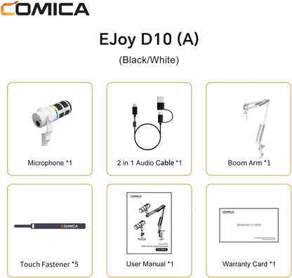 COMICA EJoy D10 A USB/XLR Dynamic Microphone with RGB Light &CalMix Denoise &Mute Button- Studio-Quality Cardioid Mic with Boom Arm Stand for Gaming, Streaming, Podcast,YouTube(PC/PS5/Xbox/Mac-White