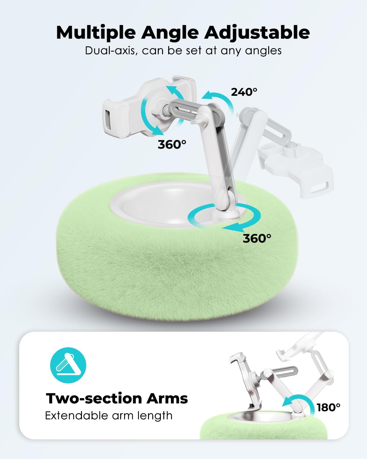 Viozon Tablet Stand Pillow, Compatible with 4.7"-13" Phone/Tablet, iPad, iPhone, Samsung, Google, Kindle, 360°Adjustable Phone Holder for Bed with Soft Plush Fabric, and Detachable Bowl, Green