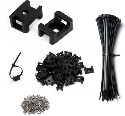 Cable Zip Tie Mounts Kit - 120 Set Wire Cable Clips Organizer Holders with 8" Cable Ties, Saddle Type Mounts Base and Tapping Screw, Black