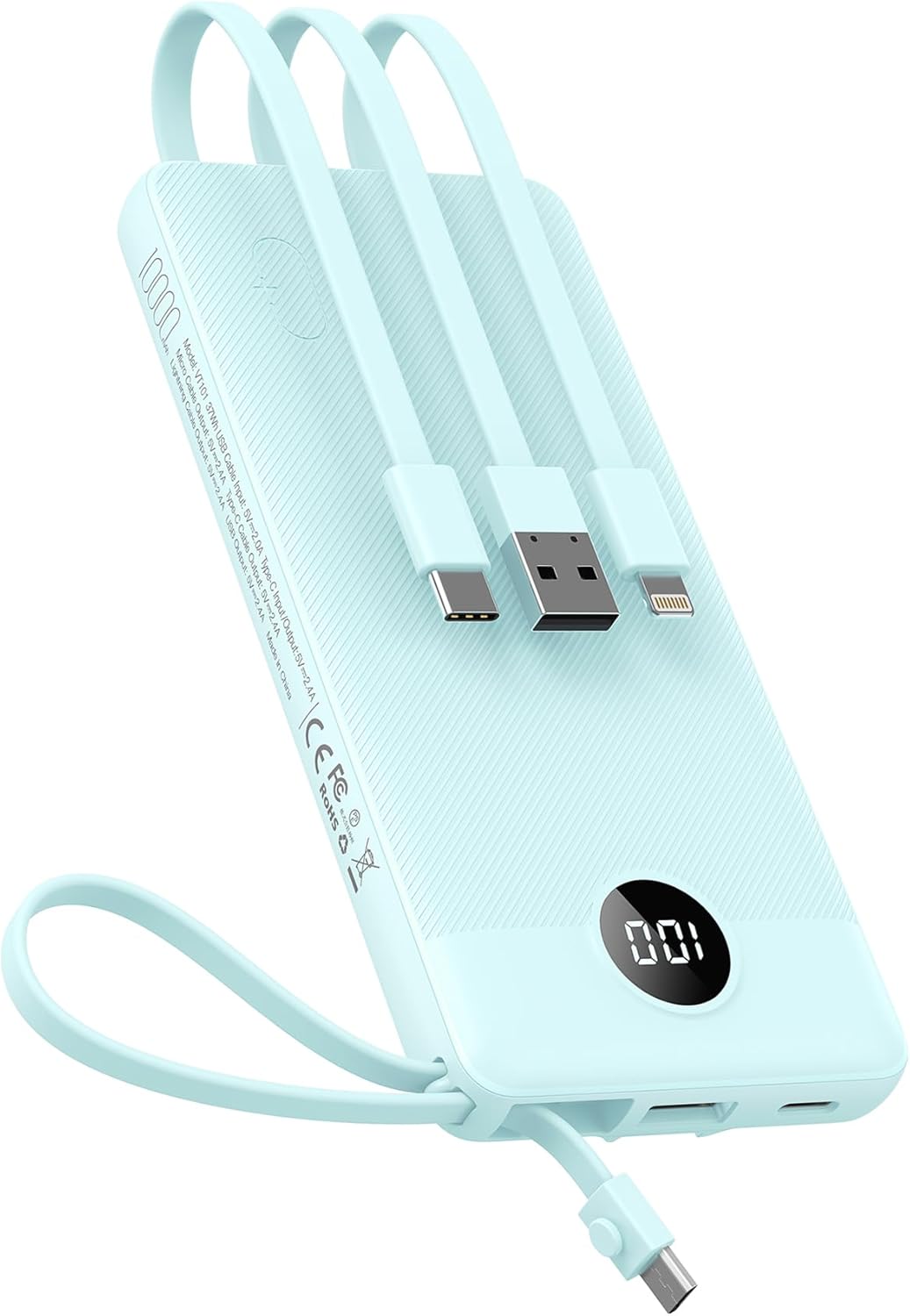 VEEKTOMX Portable Charger with Built-in Cables 10000mAh Power Bank for iPhone Slim Fast Charge USB C Battery Pack Travel Essentials Powerbank Compatible with iPhone, Samsung, Android, etc