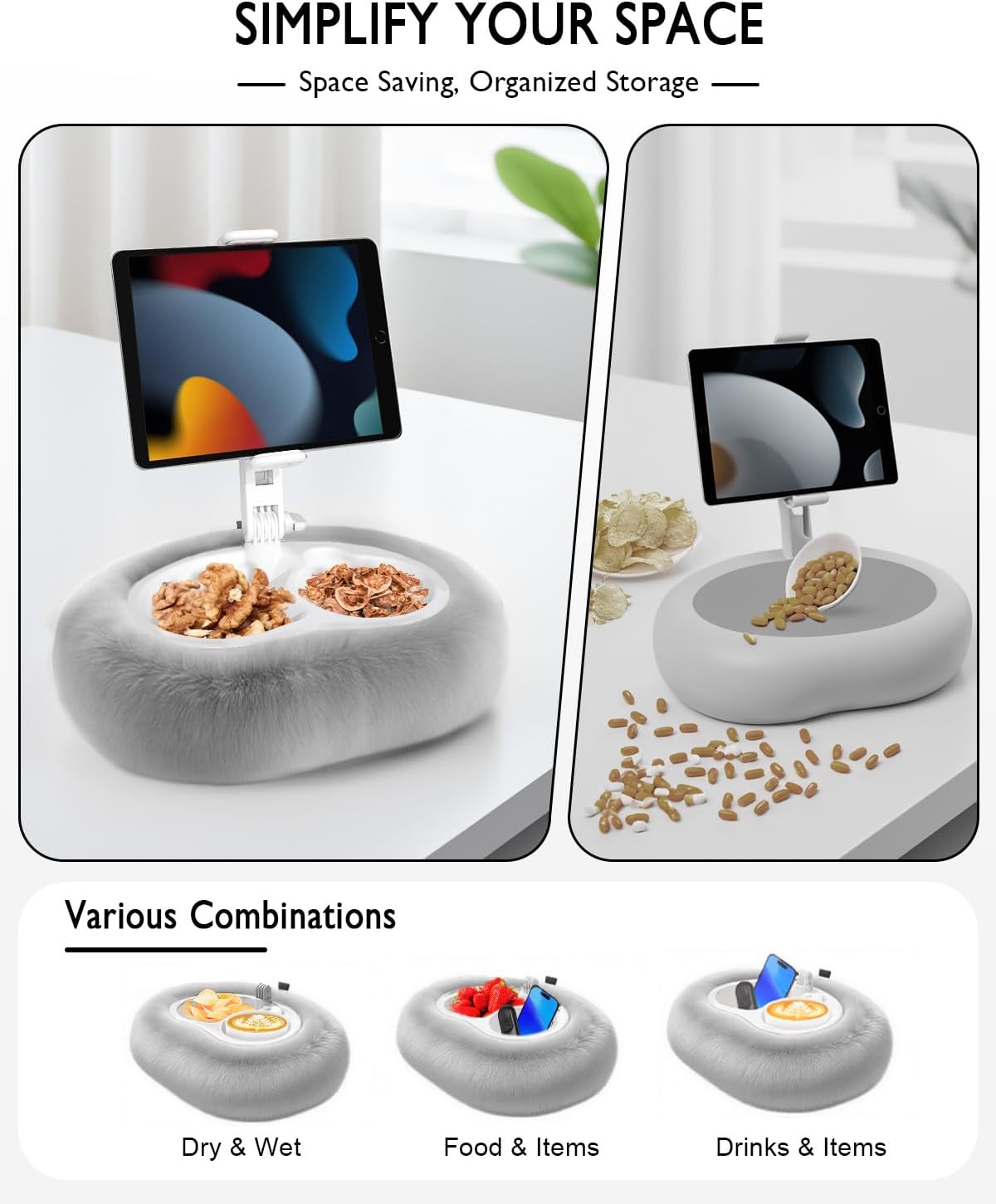 Tablet Pillow Stand, Compatible with 4.7"-12.9" Kindle, iPad, Phone/Tablet, Google, 360° Rotating Phone Holder for Bed, Detachable Bowl, Reading and Relaxation on Bed, Gray, Large (Faux Fur Pillow)