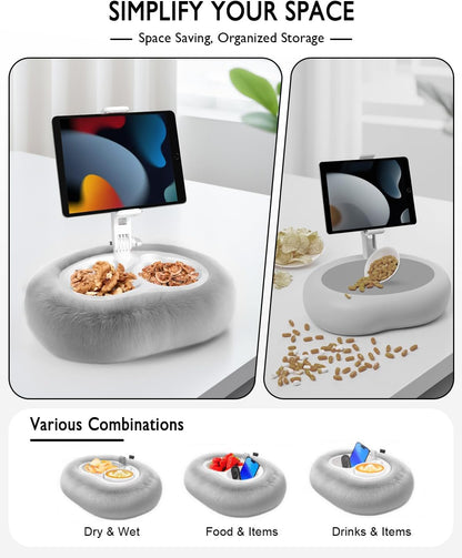 Tablet Pillow Stand, Compatible with 4.7"-12.9" Kindle, iPad, Phone/Tablet, Google, 360° Rotating Phone Holder for Bed, Detachable Bowl, Reading and Relaxation on Bed, Gray, Large (Faux Fur Pillow)