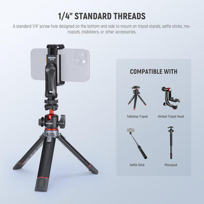 Neewer Basic Phone Tripod Mount Holder with 1/4" Thread & Cold Shoe, 2.36"-3.54"/6-9cm 360° Rotatable Camera Mount Cellphone Clamp for iPhone 15 14 13 12 11 Pro Max X XR Samsung S24 Ultra, SP-10