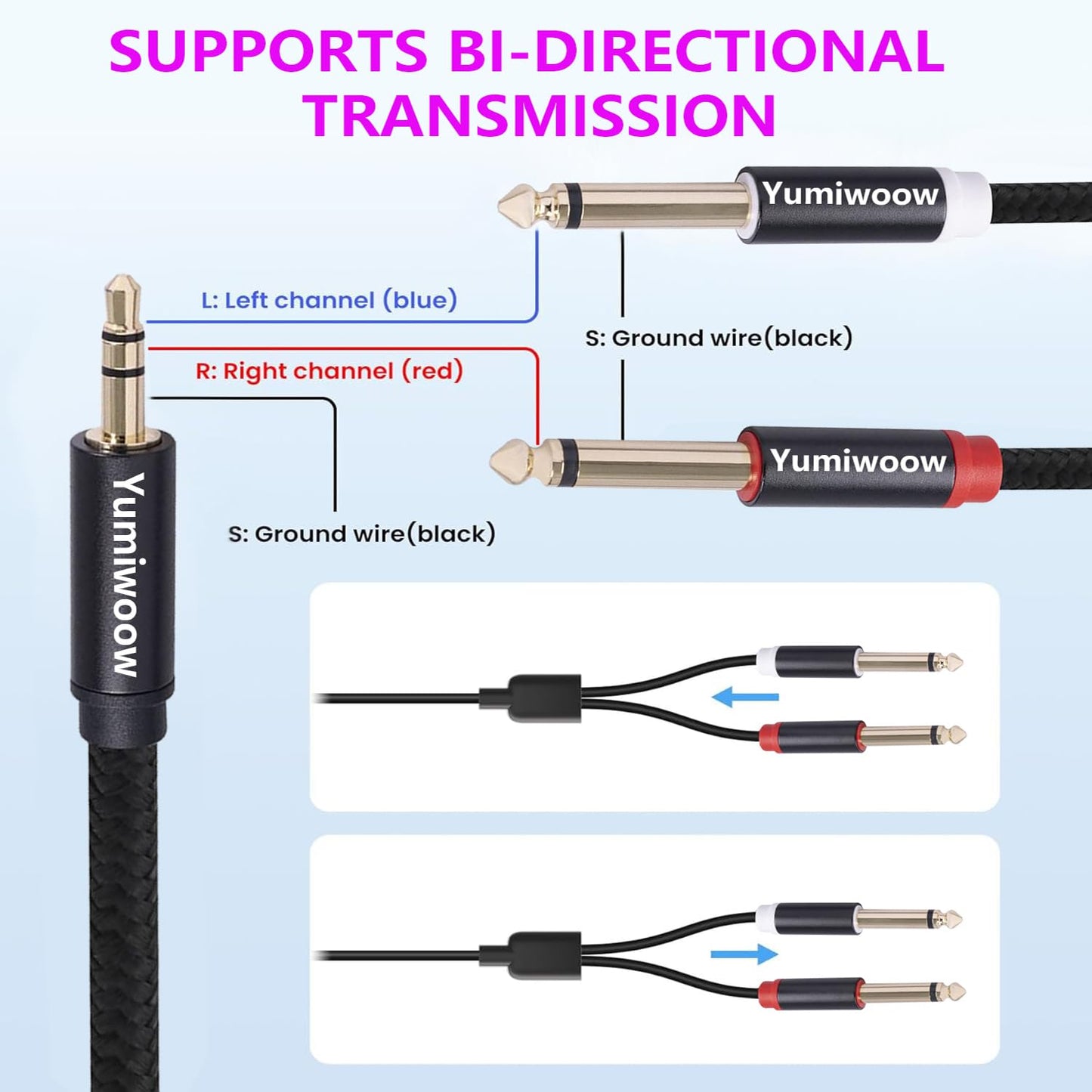 3.5mm to Dual 1/4 Adapter 1/8 to 6.35mm TS Mono Audio Cable Stereo Breakout Cord Y Splitter Compatible with iPhone, iPod, Computer Sound Card, Headphone, Speaker, Home Stereo System (6.6FT/Pack)
