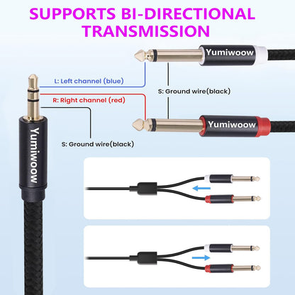 3.5mm to Dual 1/4 Adapter 1/8 to 6.35mm TS Mono Audio Cable Stereo Breakout Cord Y Splitter Compatible with iPhone, iPod, Computer Sound Card, Headphone, Speaker, Home Stereo System (6.6FT/Pack)