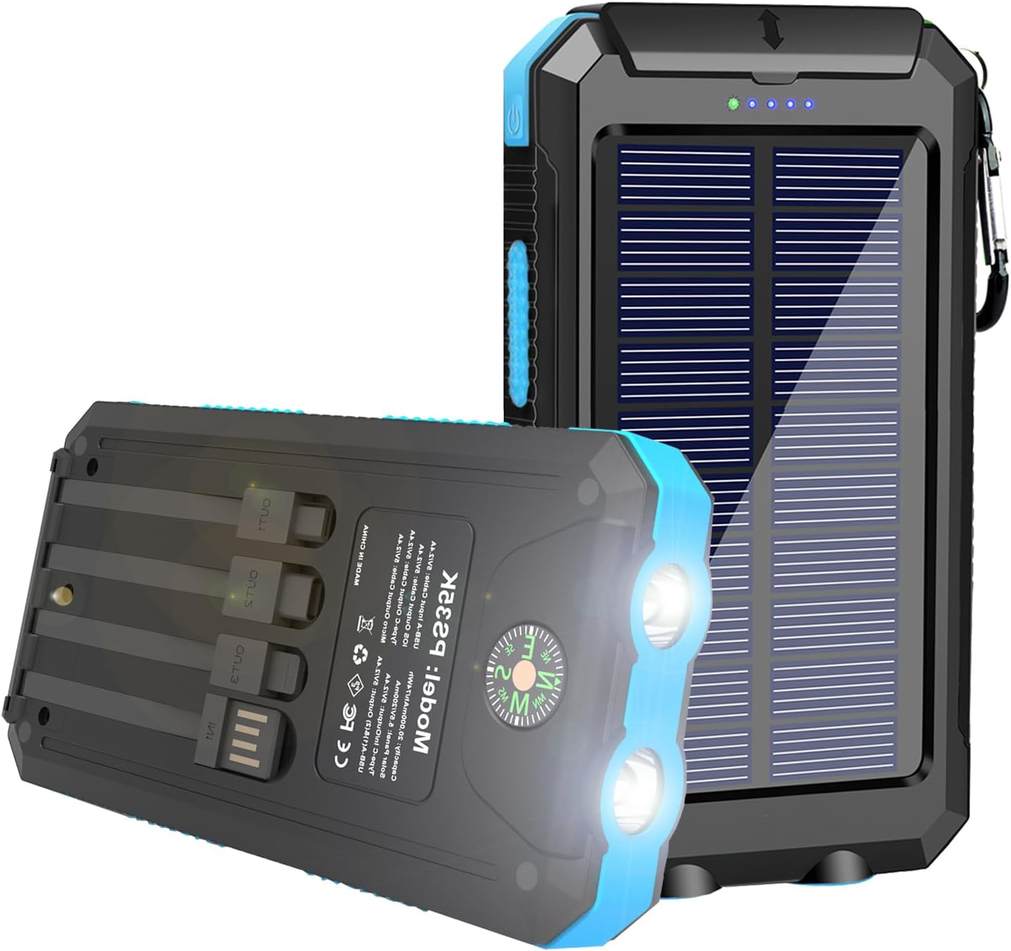 Solar Charger, 20000mAh Portable Type-C Solar Power Bank with 4 Cables, Waterproof Battery Pack, Outdoor External Backup Power Charger Six Outputs/LED Flashlights, Perfect for Camping Travel