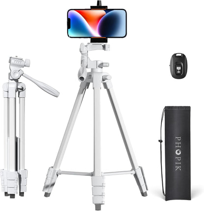 PHOPIK Extendable Tripod Stand - 55" Phone Tripod with 360 Panorama, Shutter-Video, 1/4" Mounting Screw for iPhone/Android/Sport Camera&Insta360 x5 - White