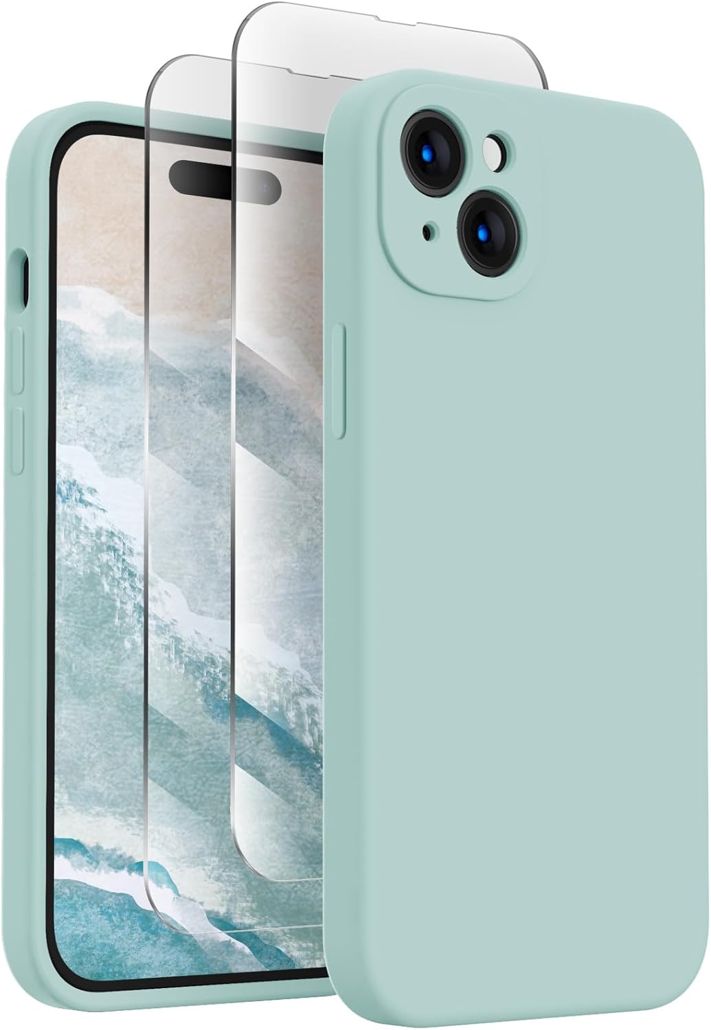 FireNova Designed for iPhone 15 Plus Case, Silicone [Camera Protection] Case with [2 Screen Protectors], Soft Anti-Scratch Microfiber Lining Inside, 6.7 inch, Mint Green