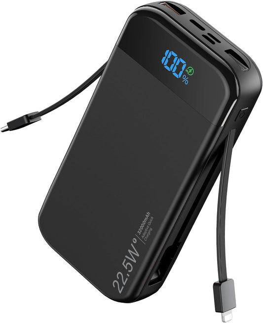 Portable Charger Power Bank 32000mAh with Built in Cables, PD3.0 USB C Fast Phone Charger, 5 Outputs LCD Display Travel Battery Pack Compatible with iPhone, Samsung All Cell Phones (Black)