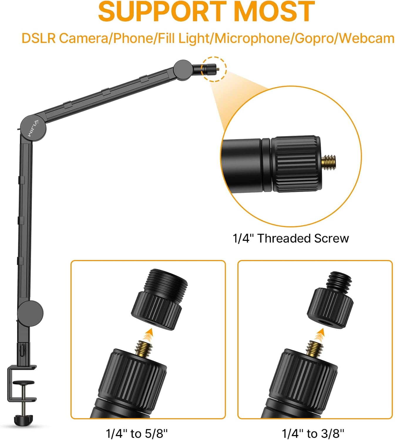 PICTRON VIJIM LS25 Camera Desk Mount, Flexible Overhead Webcam Stand with Boom Arm, Table C-Clamp Suitable for Photography Videography Live Stream