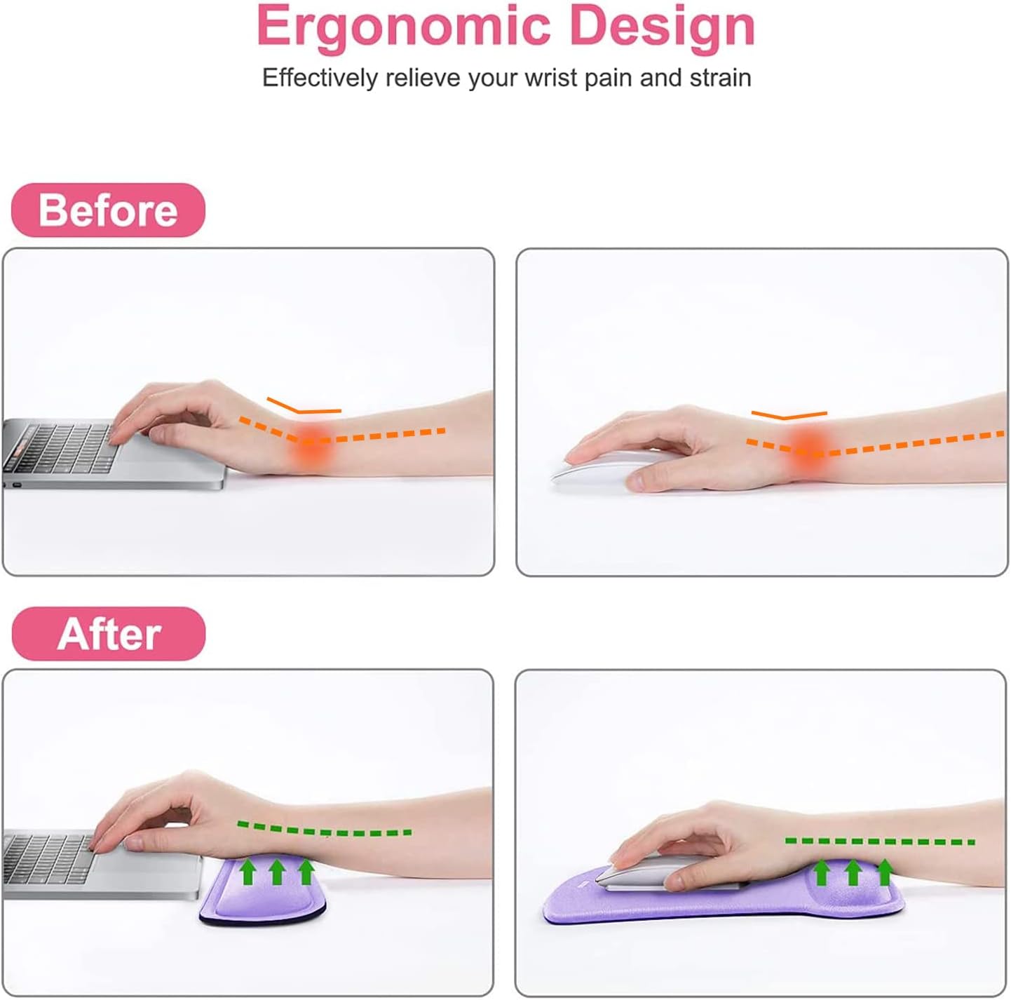 MOSISO Wrist Rest Support for Mouse Pad & Keyboard Set, Ergonomic Mousepad Non-Slip Base Home/Office Pain Relief & Easy Typing Cushion with Neoprene Cloth & Raised Memory Foam, Light Purple