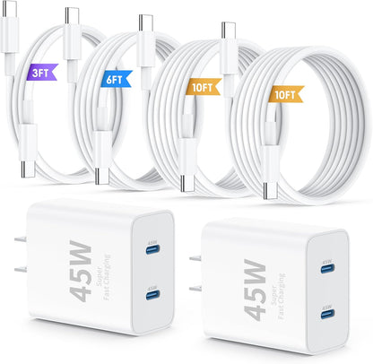 iPhone 16 15 Pro Max Charger Fast Charging,45W Dual Port USB C Fast Charger Block [2-Pack] & Extra Long 60W 3/6/10/10FT USB C Cable - PD Quick Adapter 3.0 for iPhone 16 15/16 15Pro/16 15 Plus.