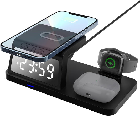 4-in-1 Wireless Charging Station with Clock Display, Compatible with iPhone, Apple Watch, AirPods, Black