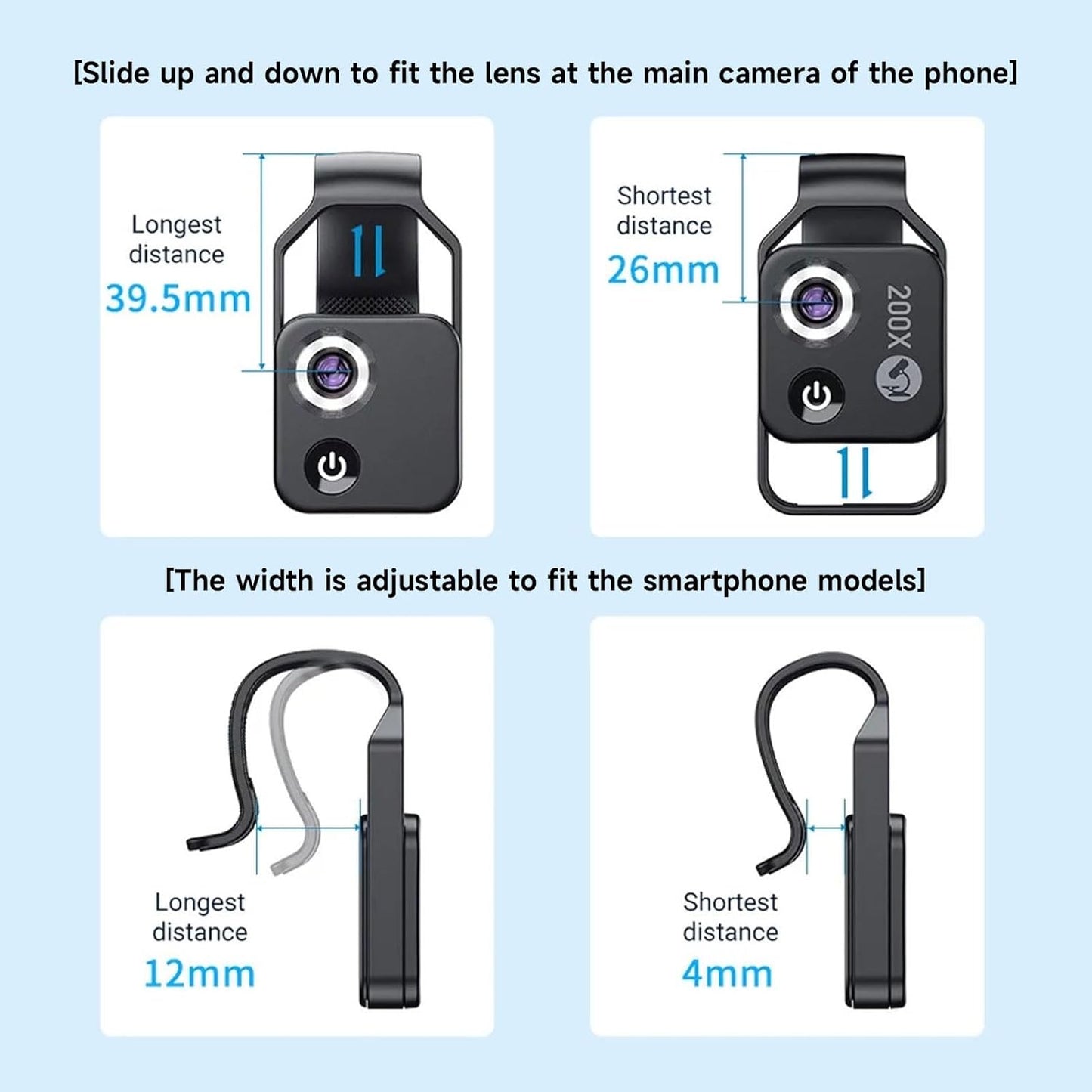 200X Phone Mini Pocket Microscope, Zoom Mobile Phone External Lens, Portable Digital Microscope Camera Attachments, with CPL Lens LED Light, Universal Clip Design (Black)