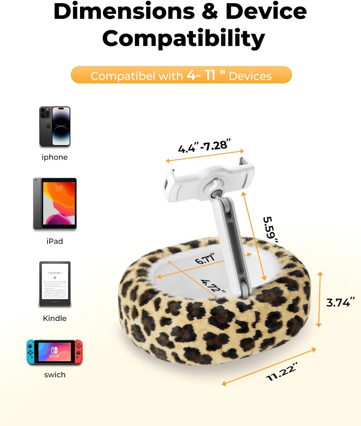 Kindle Pillow Stand with Leopard Print – Soft Tablet Holder with Snack Bowl & Cup Holder, Fuzzy Hands-Free Stand for Bed, Couch, Compatible with Kindle, iPad, Phones (Leopard)