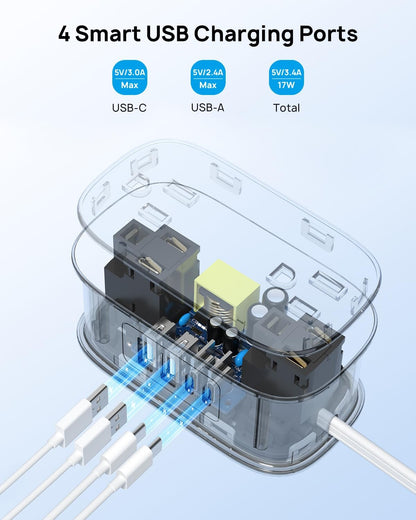 TROND Flat Plug Power Strip: 3.3ft Wrapped Short Extension Cord with 4 Outlets, 4 USB Ports, Small Charging Station, Travel Home Office Cruise Ship Dorm Room Essentials, Gray