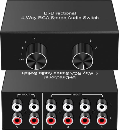 Y.D.F 4-Way Bi-Directional RCA Switch, HiFi AV L/R Sound Channel 2 in 4 Out or 4 in 2 Out, L/R Sound Channel Audio Switcher Splitter RCA Stereo Selector for DVD Stereo Speaker CD Player
