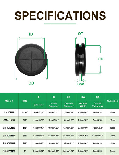 110 Pcs Rubber Grommets Kit - Rubber Plugs for Holes Assorted 6 Sizes 5/16 3/8 1/2 5/8 7/8 1 Inch, Waterproof Firewall Automotive Wires Cables Grommets Set for Sheet Metal Electric Box Desk