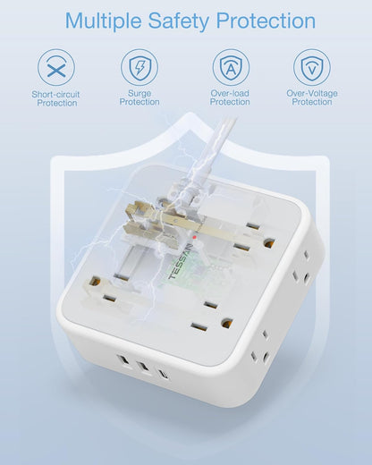 TESSAN Power Strip Surge Protector 10 Ft Cord, 8 AC Outlets, 3 USB Charger(1 USB C Port), Ultra Thin Extension Cord, Flat Plug, 900 Joules Protection, Desk Charging Station for Home, Office