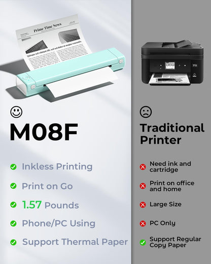 Phomemo M08F Portable Printers Wireless for Travel, Thermal Printer Support 8.5" X 11" US Letter Thermal Paper, Bluetooth Inkless Printer Compatible with iOS, Android, Laptop for Travel, Office, Home