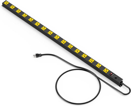 JUNNUJ Long Metal 16 Outlet Power Strip, Heavy Duty Power Strips Surge Protection 4800J with Circuit Breaker, 20a Wide Spaced Socket Wall Mount 5-15P Adapter High Amp 6-20R T-Slot 15FT Extension Cord