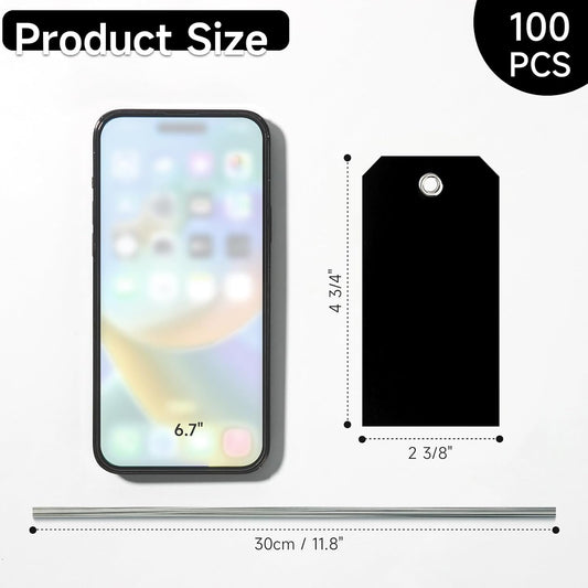 100 Pcs Waterproof Hanging Price Tags with String Attached - Black, 4 3/4" x 2 3/8" for Retail, Engraving, Gift, Equipment, Garage, Shelf Parts