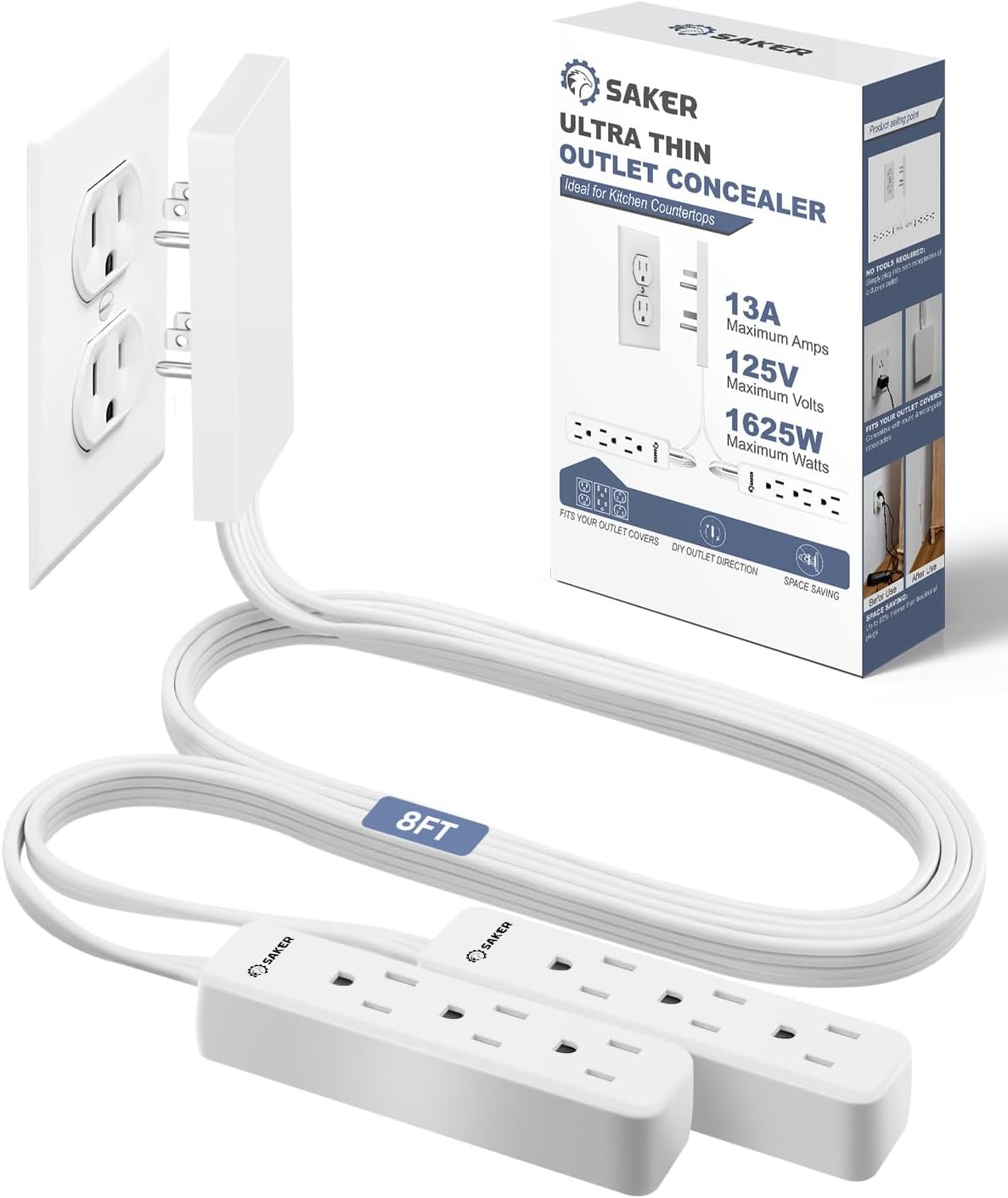 Saker Outlet Cover Extension Cord | 8ft Flat Extension Cord with 3 Outlets,1625W | Universal Size Outlet Concealer | Outlet Cover Baby Proofing for Kitchen, Home and Office(Dual 8ft)