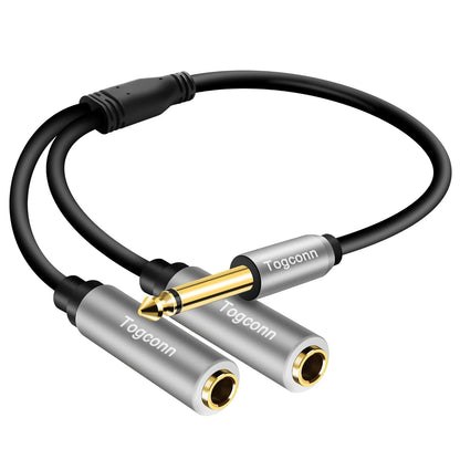 1/4 inch TS Mono Splitter Y Adapter, 6.35mm Mono Male to Dual 6.35 mm TS Mono Female Jack, Quarter inch Audio Speaker Splitter Converter Cable 1 Feet, Gold Plated Connectors