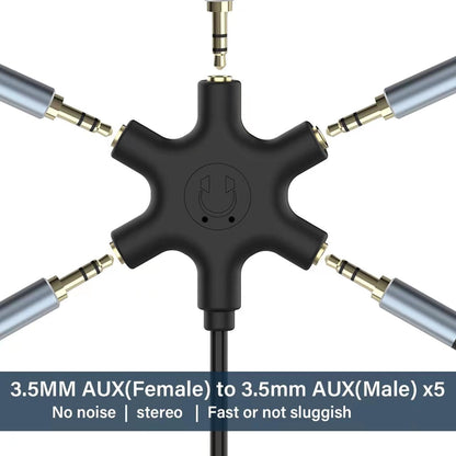 Multi Headphone Audio Splitter, 5-Way 3.5mm Jack Stereo Headset Adapter to Connect Up to 5 Devices for Mixing, Shared Experiences - for iPhone, iPad & More