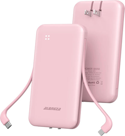 Alongza Portable Charger Built-in Cables and AC Wall Plug, Slim Fast Charging Power Bank 10000mAh, Lightweight USB C External Battery Pack Compact Travel Cell Phone Charger