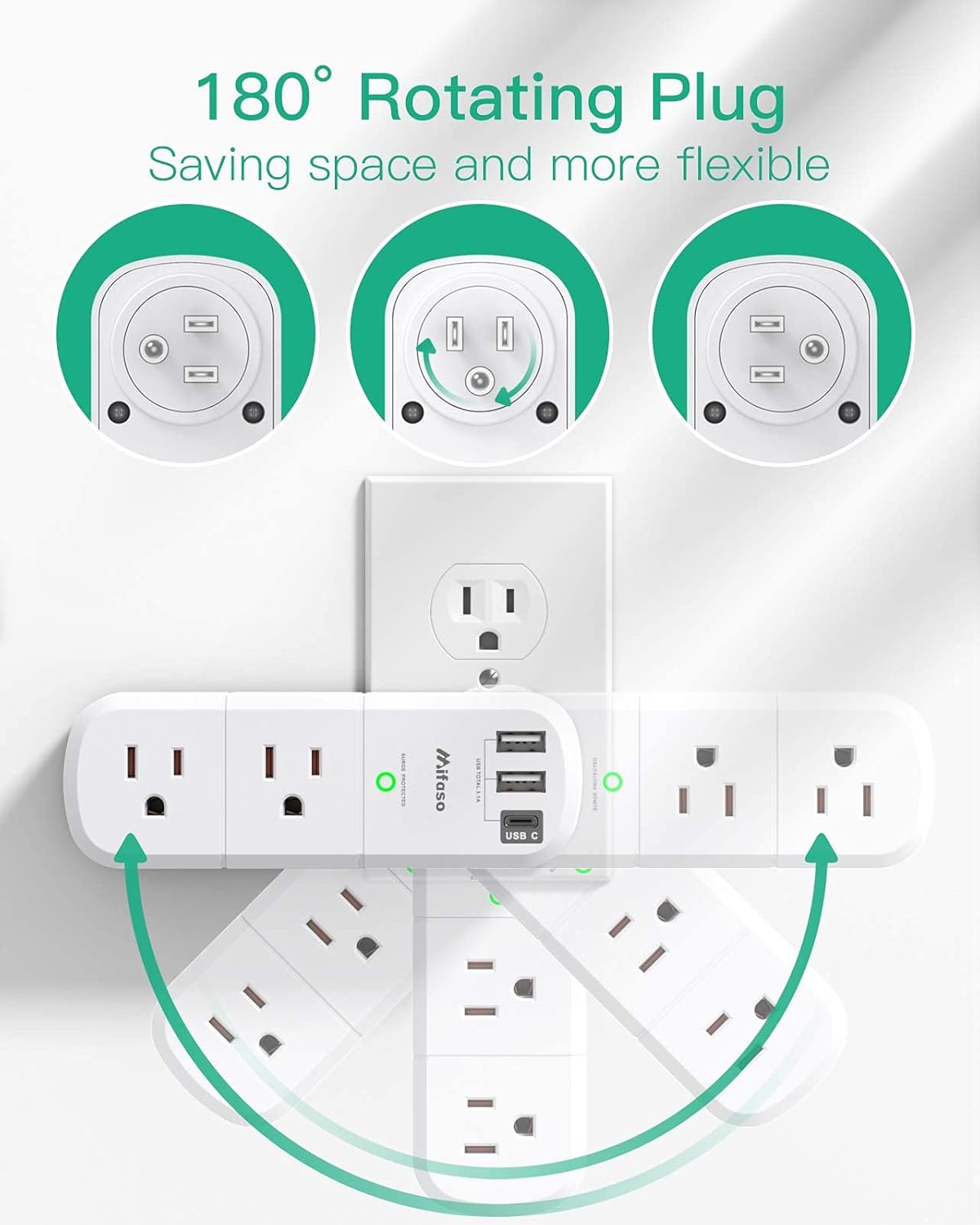 Outlet Extender with Rotating Plug, Mifaso Surge Protector 6 AC Multi Plug Wall Outlets and 3 USB Ports, 1800 Joules, 3-Sided Swivel Power Strip Spaced Splitter for Home, Travel, Dorm Room Essentials