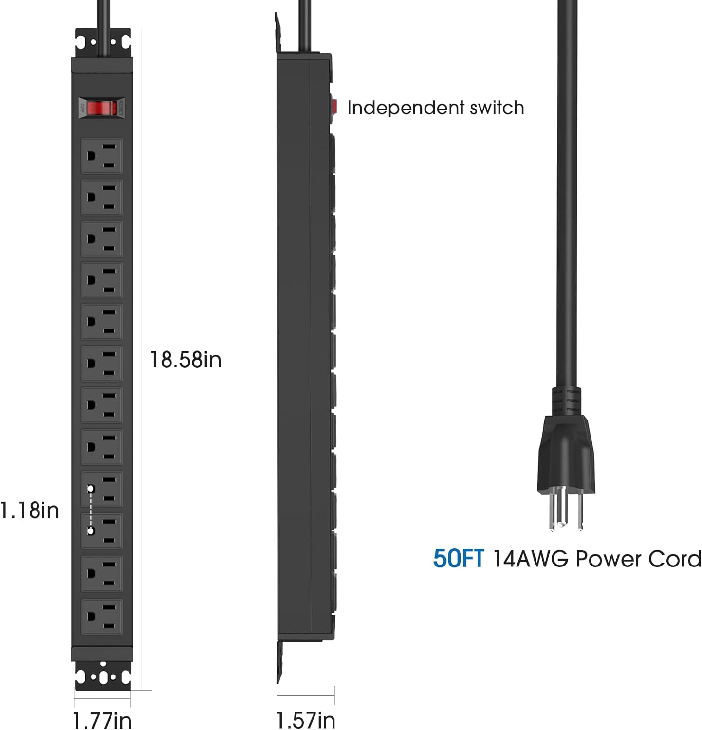 HHSOET Rotating Mountable Power Strip, 12 Outlet Wall Mount Surge Protector, Metal Heavy Duty and Versatile Outlet Strip, Stylish Appearance, Sturdy and Durable, 50ft Power Cord.(Black)