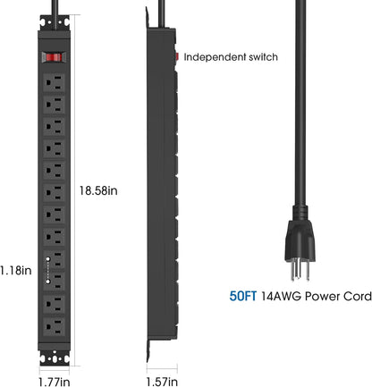 HHSOET Rotating Mountable Power Strip, 12 Outlet Wall Mount Surge Protector, Metal Heavy Duty and Versatile Outlet Strip, Stylish Appearance, Sturdy and Durable, 50ft Power Cord.(Black)