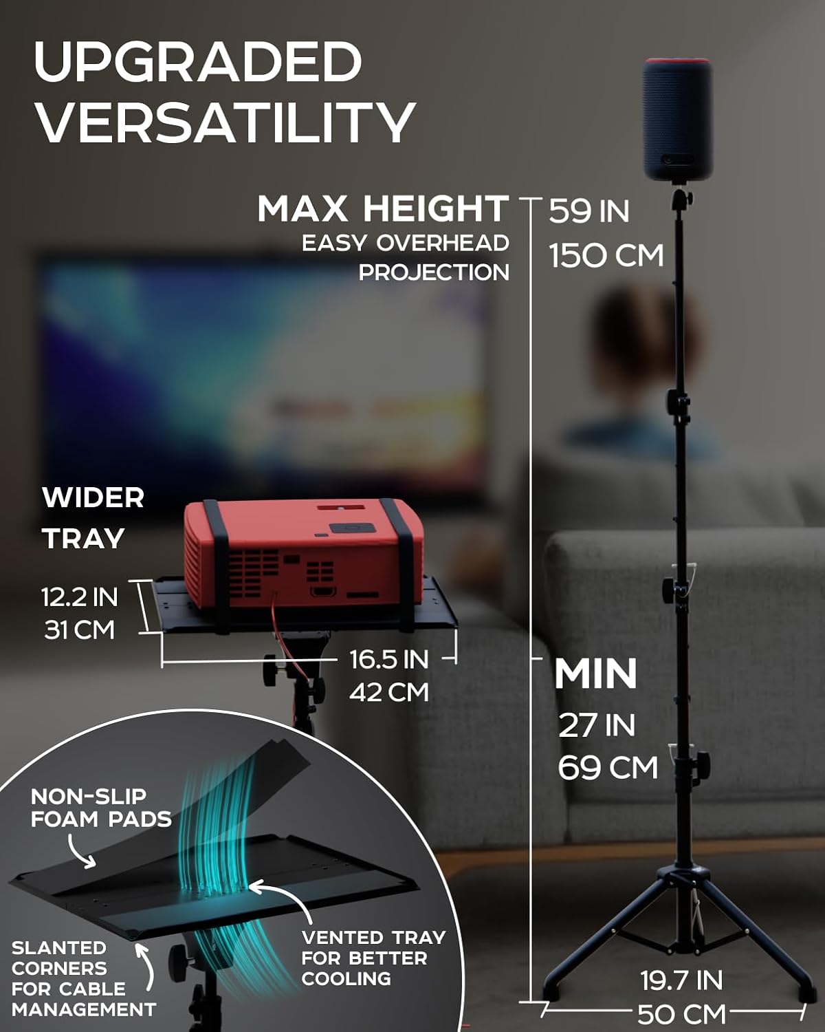 Projector Tripod Stand, Height Adjustable 27" to 62" & Floor Projector Stand, Portable Laptop Stand, Camera & Light & Ball-Joint – Well-Made, Easy-to-Adjust, DJ Rack & Music or Movie stand