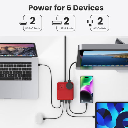 USB C Charger Block,135W GaN IV Fast Charging Station Hub,6-in-1 USB C Power Strip with Flat Plug and 5ft Cord,2 AC,2 USB A,2 USB C,PD 65W Laptop Charger for MacBook Air/Pro,iPhone16/15,Samsung-Red